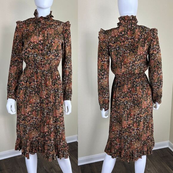 Vintage Norma Walter Women's Size 4 Floral Crepe Silk Ruffle Midi Dress Peasant - Picture 1 of 14